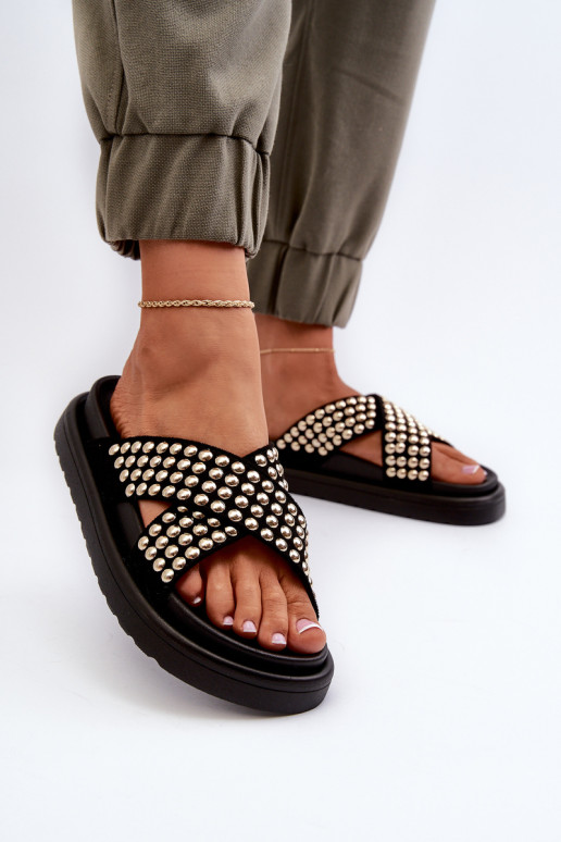 Moteriškos dekoruotos platformos šlepetės juodos Niraela