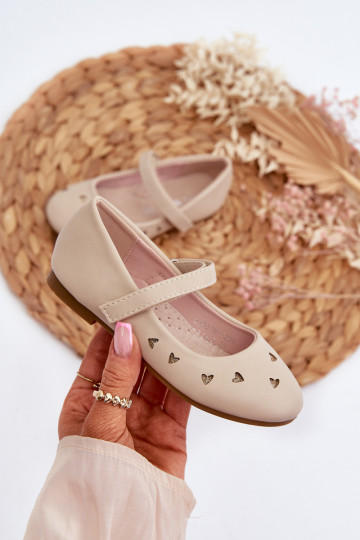 Vaikiški balerinos bateliai su širdelėmis, užsegami Velcro, smėlio spalvos Danaella