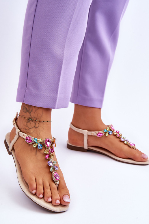 Suede Flip-Flop sandalai su akmenukais smėlio spalvos frency