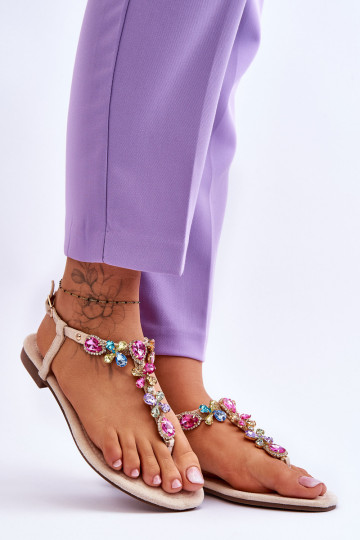 Suede Flip-Flop sandalai su akmenukais smėlio spalvos frency
