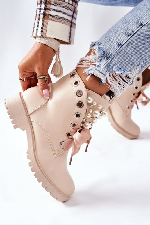 Smėlio spalvos Nudago aulinukai su perlais ir kalnų krištolais