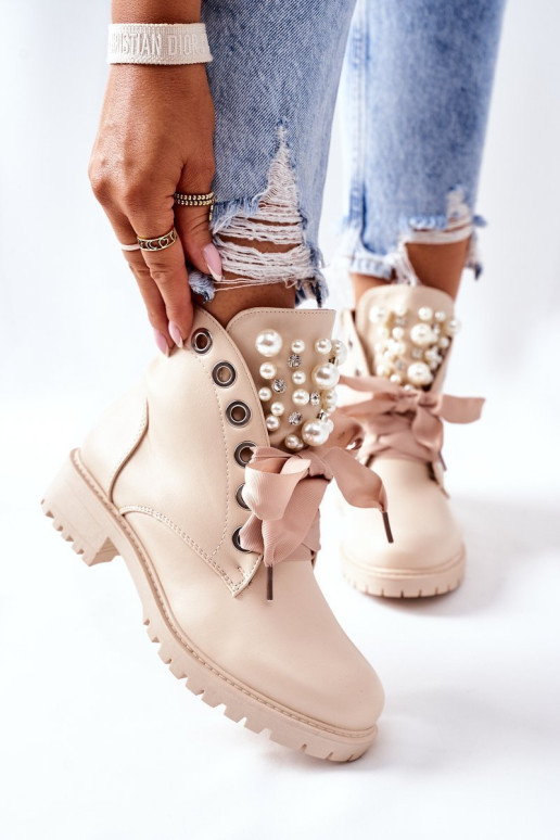 Smėlio spalvos Nudago aulinukai su perlais ir kalnų krištolais