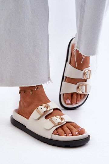 Moteriškos ekologiškos odos šlepetės su sagtimis, balta Valmira