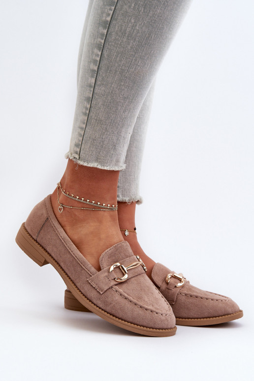 Moteriški plokščiakulniai mokasinai su puošmena, tamsiai smėlio spalvos avioletas