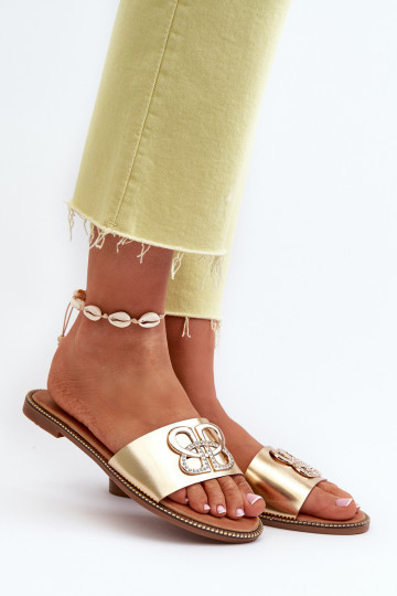 Moteriškos šlepetės su ekologiškos odos apdaila ant plokščio kulno, auksinės spalvos Sadria