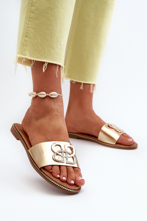 Moteriškos šlepetės su ekologiškos odos apdaila ant plokščio kulno, auksinės spalvos Sadria