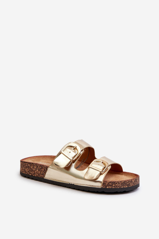 Moteriškos šlepetės ant kamštienos platformos su petnešėlėmis, auksinės spalvos Doretta