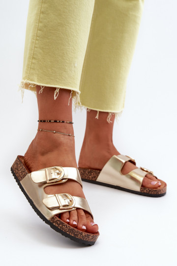 Moteriškos šlepetės ant kamštienos platformos su petnešėlėmis, auksinės spalvos Doretta