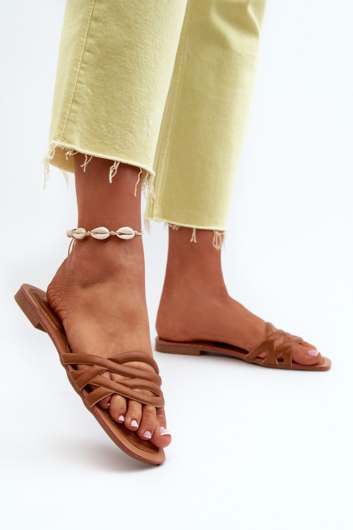 Moteriškos ekologiškos odos šlepetės plokščiu kulnu, ruda, Moldela