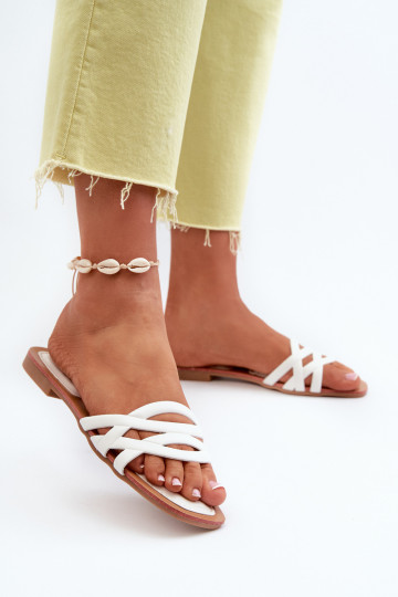 Moteriškos ekologiškos odos šlepetės plokščiu kulnu, balta, Moldela