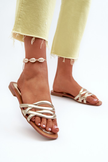 Moteriškos ekologiškos odos šlepetės plokščiu kulnu, auksinės spalvos Moldela