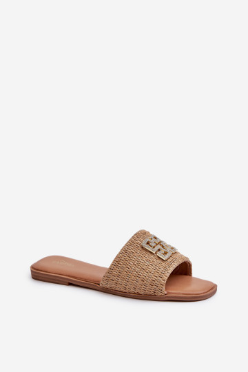 Moteriškos plokščios šlepetės su pynimu ir dekoracija, Beige Omenna 2