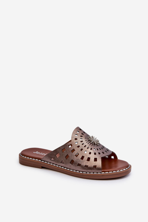 Blizgios moteriškos plokščiakulnės šlepetės su vario dekoru Ebirena