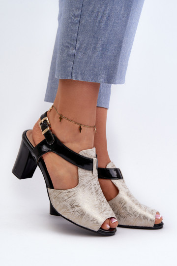 Moteriškos aukštakulnės basutės, pagamintos iš ekologiškos odos, aukso ir juodos spalvos Queenmarie