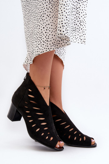 Moteriški ažūriniai ekologiški zomšiniai batai ant aukšto kulno atvirais pirštais, juoda Timalre