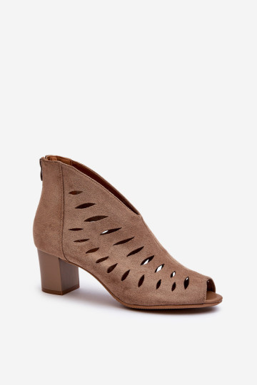 Moteriški ažūriniai ekologiniai zomšiniai batai aukštakulniais atvirais pirštais smėlio spalvos Timalre 2