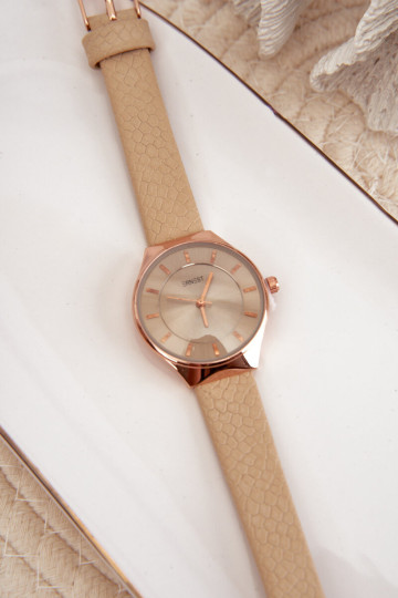 Moteriškas laikrodis su ekologišku odiniu dirželiu smėlio spalvos Ernest E62013L 2