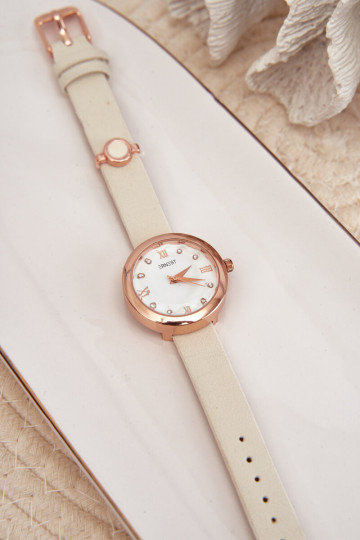 Moteriškas laikrodis ant plonos ekologiškos odos dirželio šviesiai smėlio spalvos Ernest E62146 2