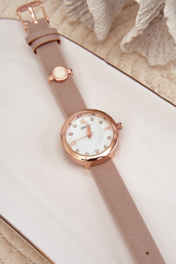 Moteriškas laikrodis su plonu ekologiškos odos dirželiu smėlio spalvos Ernest E62146 2