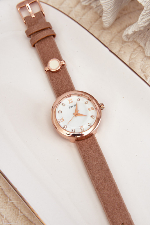 Moteriškas laikrodis su plonu ekologišku odiniu dirželiu, rudas Ernestas E62146