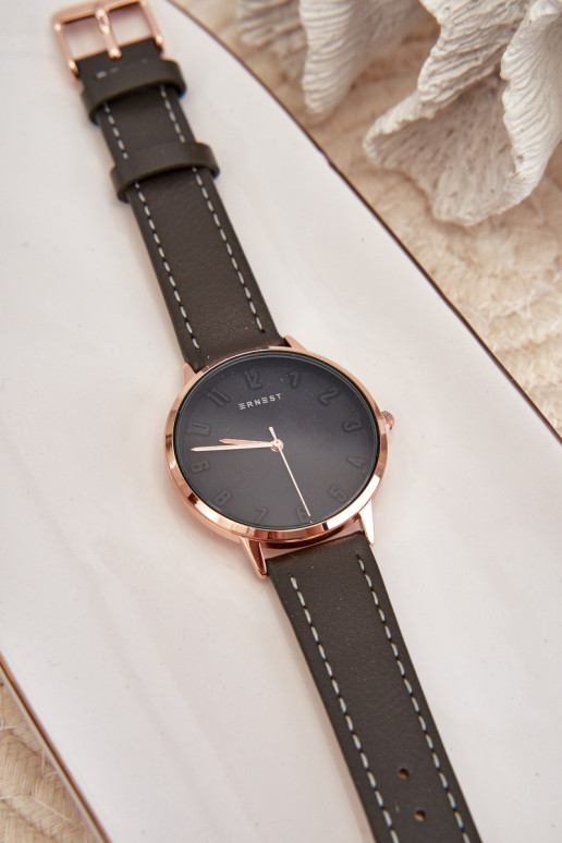 Moteriškas odinis analoginis nikelio neturintis Ernest laikrodis juodas E94195