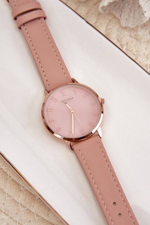 Moteriškas odinis analoginis nikelio neturintis Ernesto laikrodis rožinis E94195
