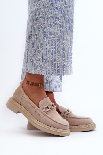 Moteriški zomšiniai mokasinai ant plokščio kulno su dekoracija D&A TW101 smėlio spalvos