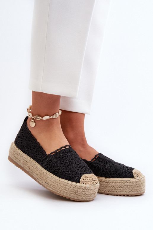 Moteriškos nėriniuotos espadrilės ant platformos Black Elarose