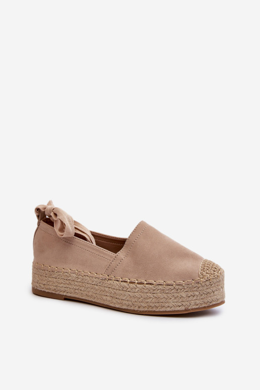 Moteriškos espadrilės, surištos ant platformos su pynėmis smėlio spalvos tailesse