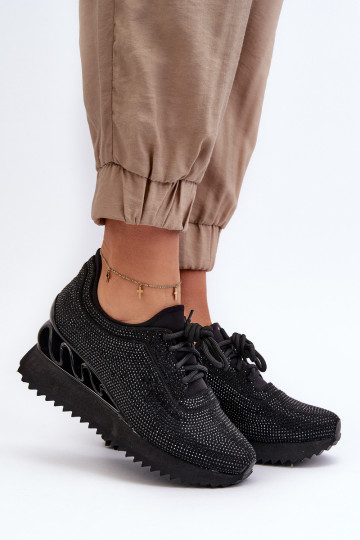 Moteriški sportbačiai su pleištais, dekoruoti cirkonio elementais D&A MR38-377 juodi