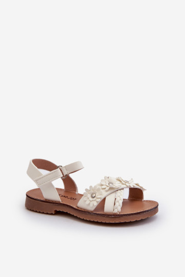 Vaikiškos basutės su Velcro užsegimu ir gėlėmis, baltos spalvos Nestalee