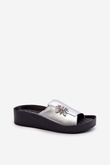 Elegantiškos moteriškos šlepetės su puošmena, natūrali oda S.Barski KV27-015 Sidabras 2