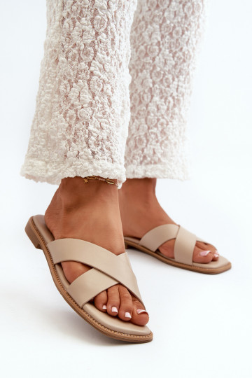 Moteriškos šlepetės ant plokščio kulno, pagamintos iš ekologiškos odos S.Barski KV27-002 smėlio spalvos