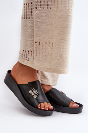 Elegantiškos moteriškos šlepetės su puošmena, natūrali oda S.Barski KV27-015 juoda