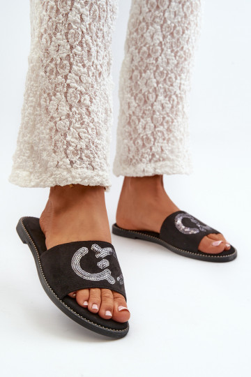 Moteriškos plokščios šlepetės su blizgučiais S.Barski KV27-052 juodos