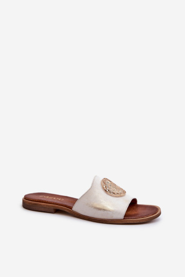 Zazoo 2938 odiniai šlepetės ant plokščio kulno su aukso puošmena, šlifuoti 2