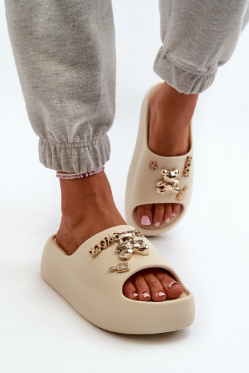 Moteriškos lengvos porolono šlepetės su dekoracijomis, Beige Orchia