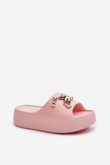 Moteriškos šviesios putplasčio šlepetės su dekoracijomis, rožinė orchija 2