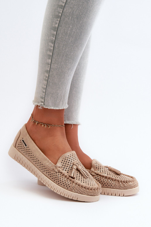 Moteriški ažūriniai mokasinai, pagaminti iš Eco Suede, Golden Tinami