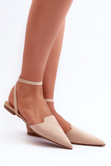 Beige Lace-Up Eco Suede balerinos su smailiais pirštais Ellesara