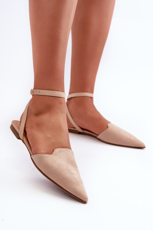 Beige Lace-Up Eco Suede balerinos su smailiais pirštais Ellesara