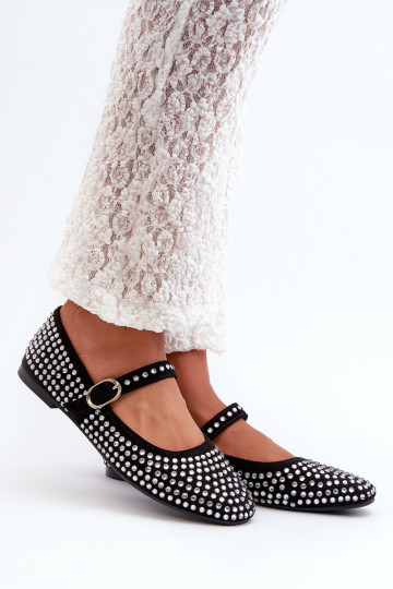 Ekologiškos zomšinės balerinos, dekoruotos juodais Tinaros kalnų krištolais