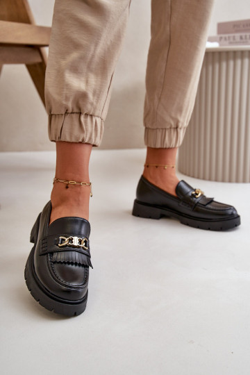 Moteriški eko odiniai mokasinai su aukso apdaila, juoda Zanita