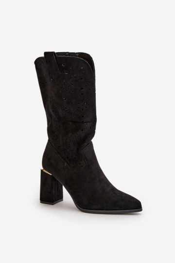 Moteriški ažūriniai aukštakulniai batai smailiais pirštais, ekologiškos zomšos juoda Nevithra 2