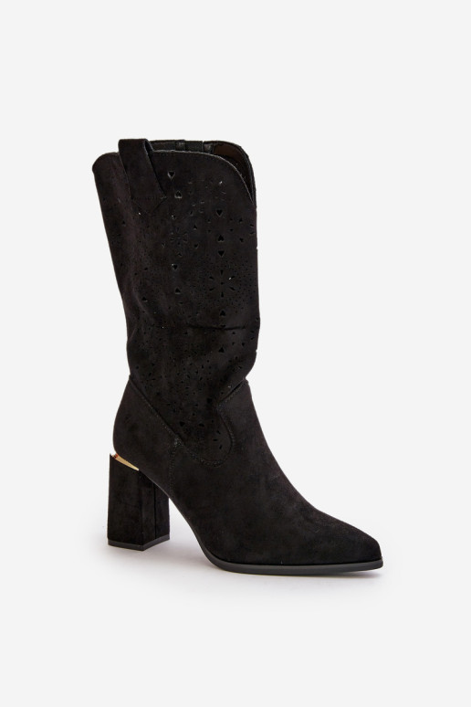 Moteriški ažūriniai aukštakulniai batai smailiais pirštais, ekologiškos zomšos juoda Nevithra