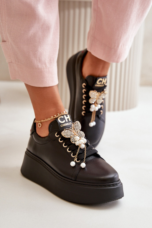 Moteriški odiniai platforminiai sportbačiai su drugeliu CheBello 4585 juodi