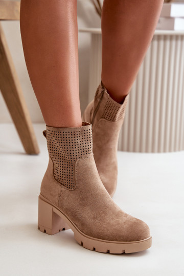 Moteriški aukštakulniai batai su užtrauktuku, smėlio spalvos Eco Suede Rashmi
