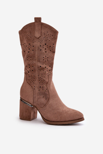 Moteriški ažūriniai kaubojiški batai ant aukštakulnių Eco Suede Brown S.Barski HY42-028 2