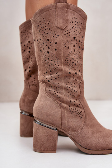 Moteriški ažūriniai kaubojiški batai ant aukštakulnių Eco Suede Brown S.Barski HY42-028