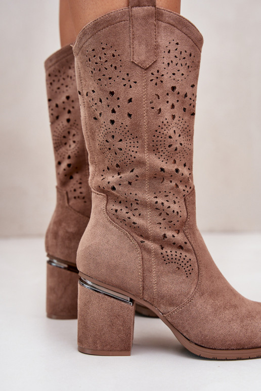 Moteriški ažūriniai kaubojiški batai ant aukštakulnių Eco Suede Brown S.Barski HY42-028